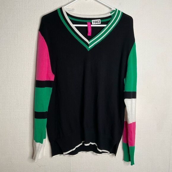 Zaket & Plover Cashmere Sweater Womens Large Black Multi Print V Neck Long Sleev - Picture 4 of 10
